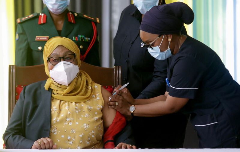 Tanzania’s President Samia Suluhu Hassan receives her Johnson & Johnson