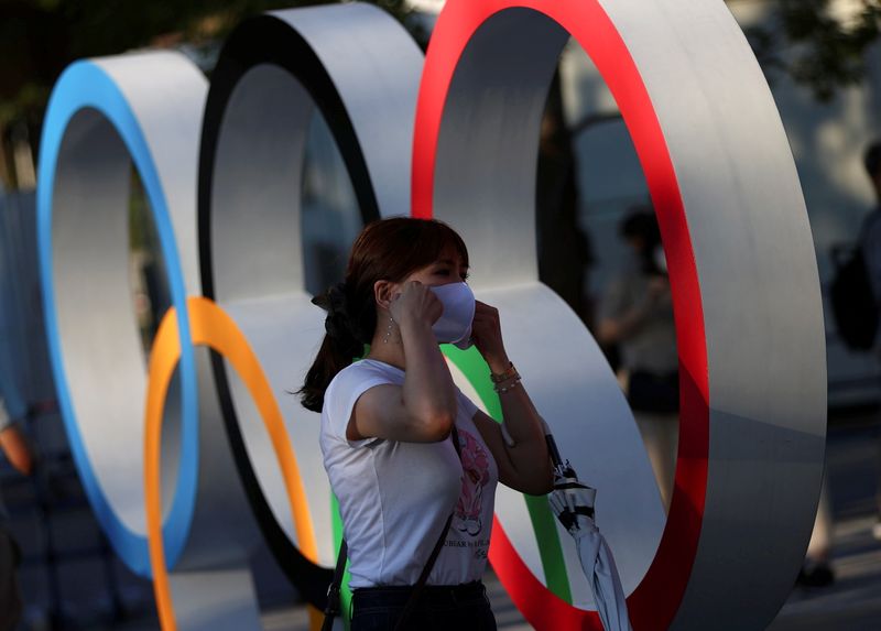 A woman adjusts her protective mask next to an Olympic