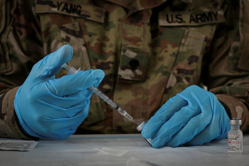 FILE PHOTO: U.S. Army soldiers inoculate people with a coronavirus