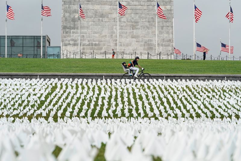 White flags representing Americans who have died of COVID-19 are