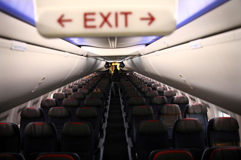 FILE PHOTO: Rows of empty seats of an American Airline