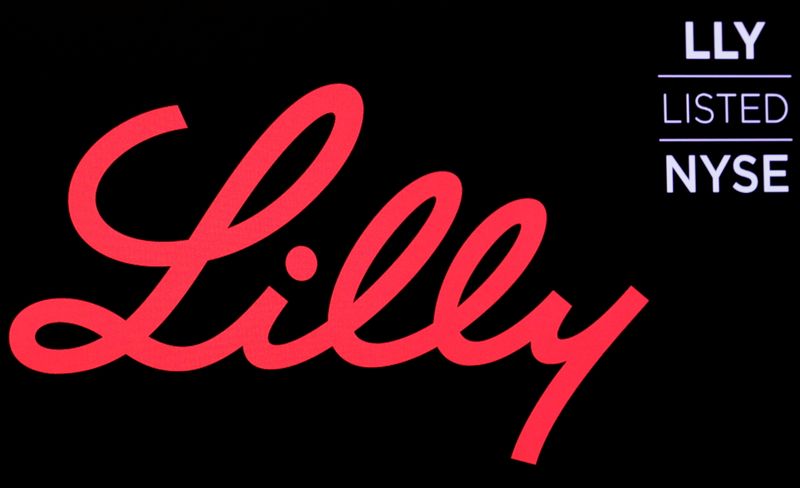 FILE PHOTO: The logo and ticker for Eli Lilly and