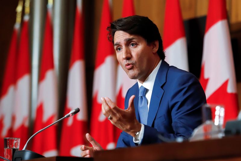 Canada’s Prime Minister Justin Trudeau speaks during a news conference