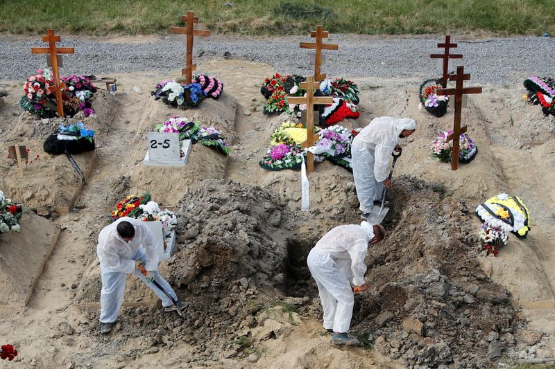 FILE PHOTO: Grave diggers wearing personal protective equipment bury a