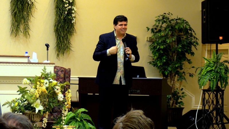 Pastor Shane Vaughn delivers an address in Waveland, Mississippi