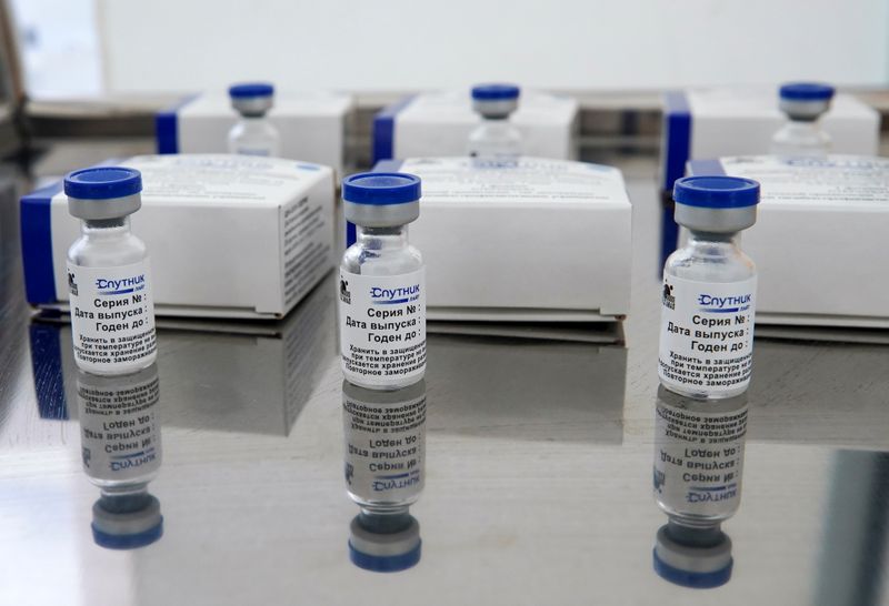 A view shows vials with the one-dose Sputnik Light vaccine