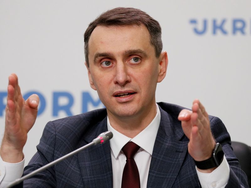Deputy health minister Viktor Lyashko speaks during a news conference