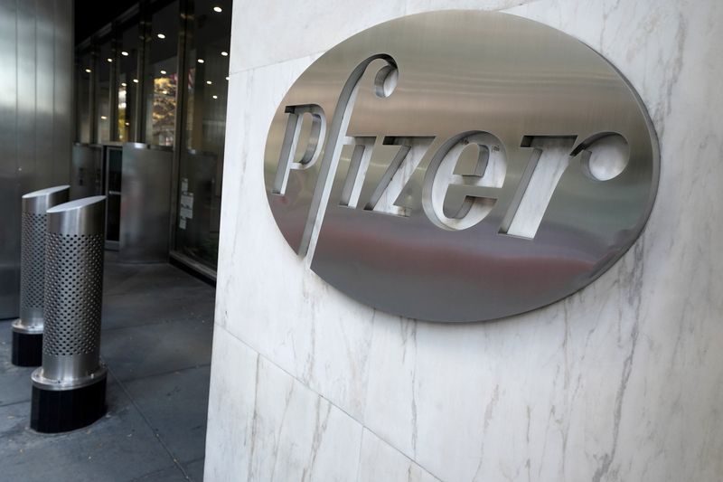 FILE PHOTO: The Pfizer logo is pictured on their headquarters