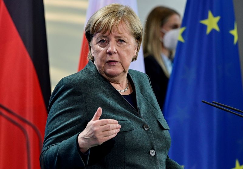 German Chancellor Merkel and Polish PM Morawiecki speak to reporters