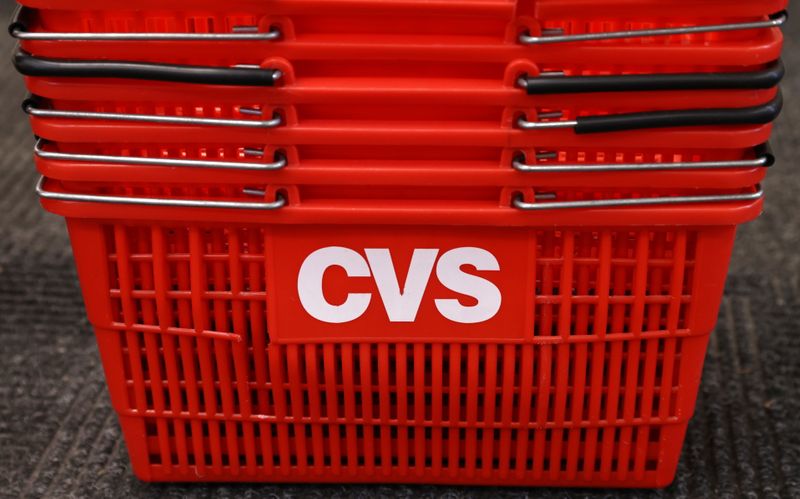 Shopping baskets are seen in a CVS pharmacy store in