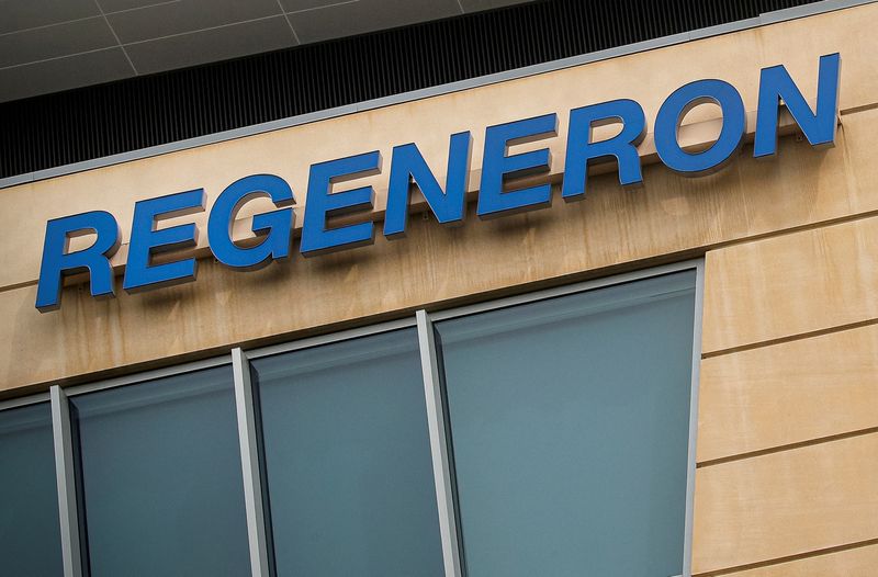 FILE PHOTO: The Regeneron Pharmaceuticals company logo is seen on