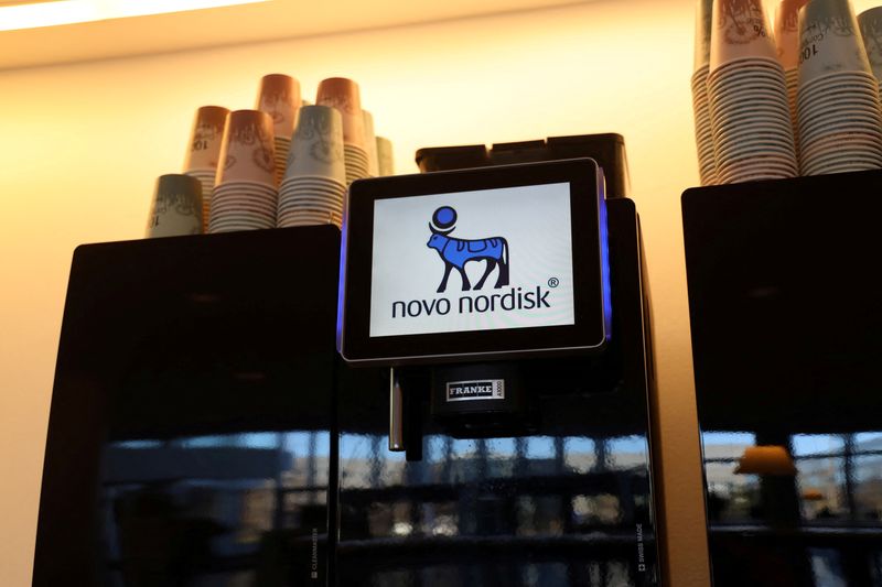 FILE PHOTO: A coffee machine featuring Novo Nordisk logo is