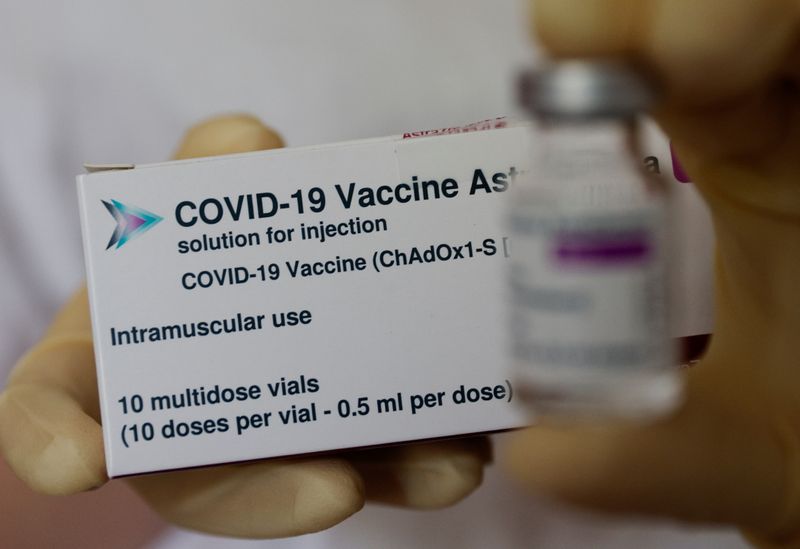 A box and a vial of AstraZeneca’s COVID-19 vaccine are