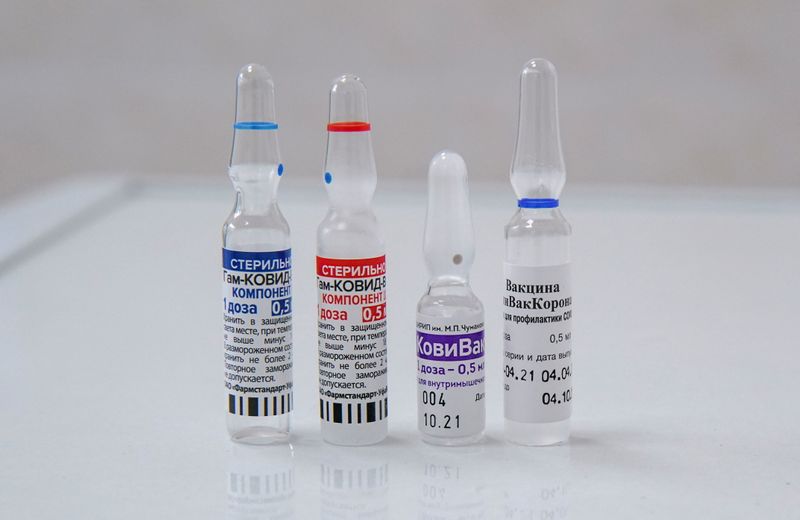 A view shows vials containing Russian-made vaccines against the coronavirus