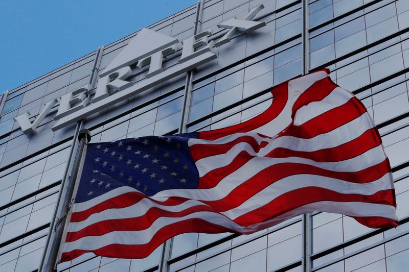 A U.S. flag flies in front of the world headquarters