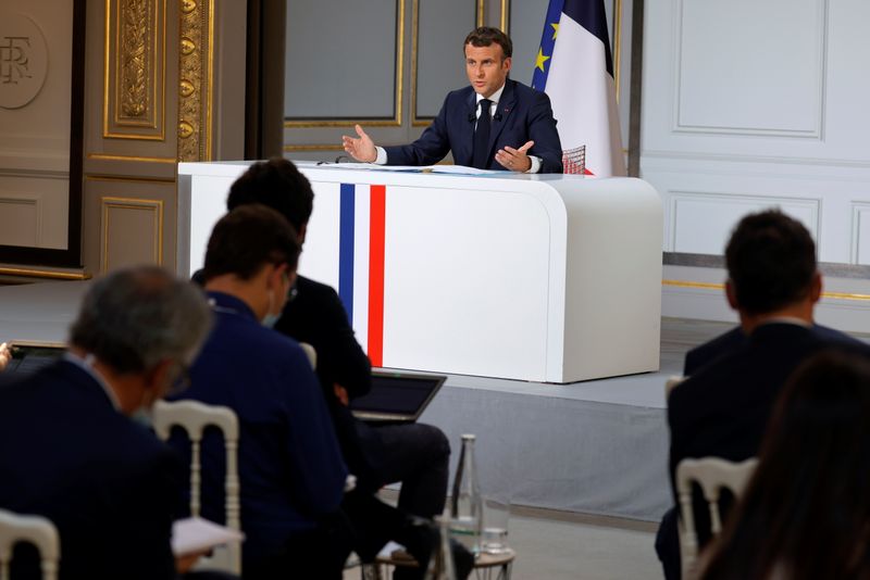 French President Macron holds a presser ahead of the G7
