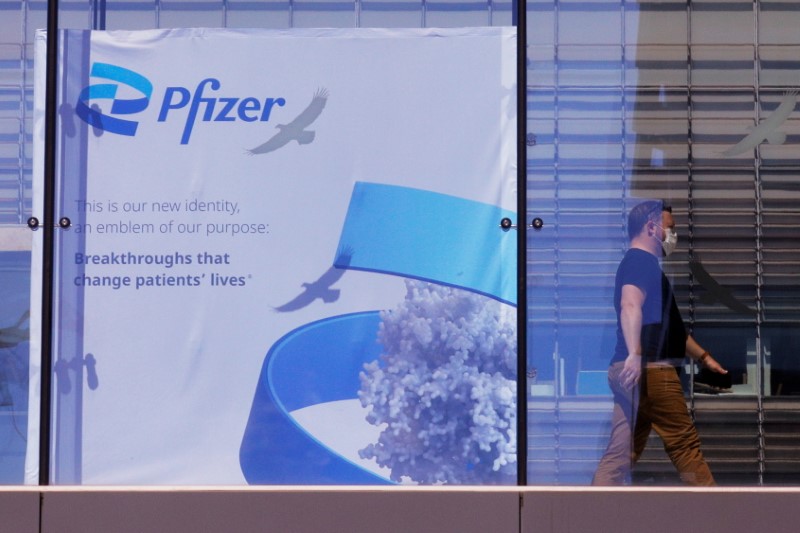 A sign marks the Pfizer facility in Cambridge