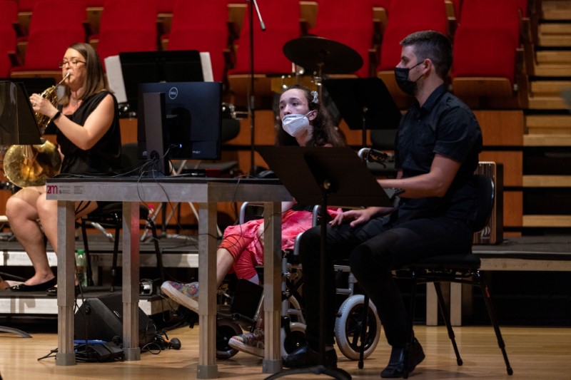 Alexandra Kerlidou, who suffers from cerebral palsy, plays the “Eyeharp”,
