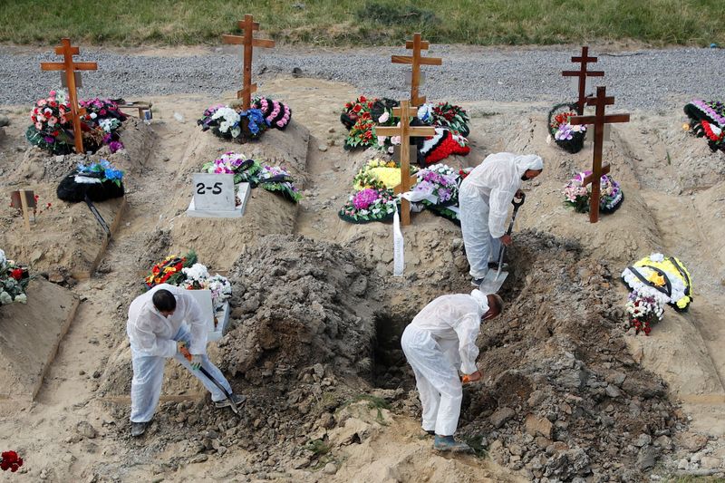 Grave diggers wearing personal protective equipment bury a person at