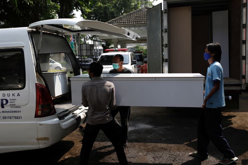 Coffins for coronavirus disease (COVID-19) victims distribution in Jakarta
