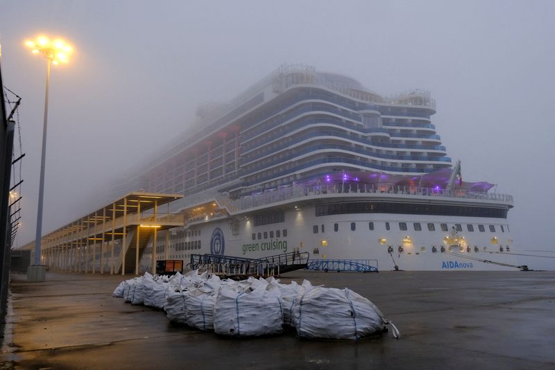 The AIDAnova cruise ship is docked in Lisbon’s port, as
