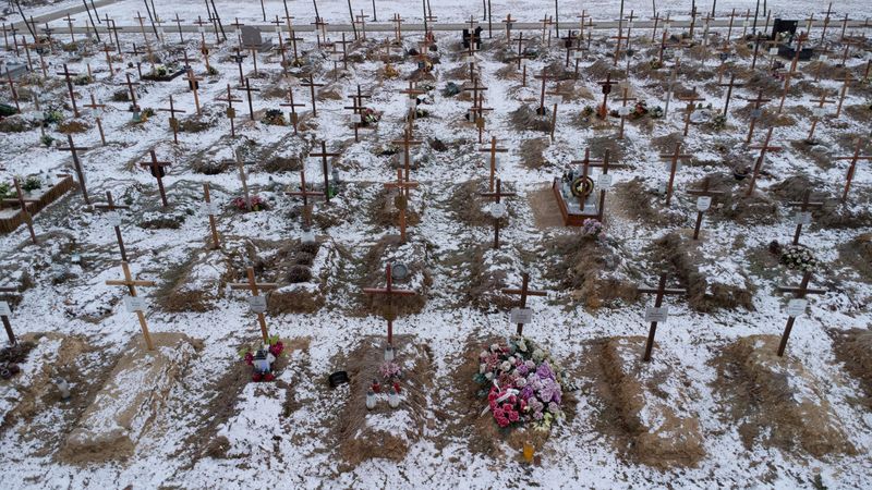 Bird’s eye view of the new graves at the cemetery,