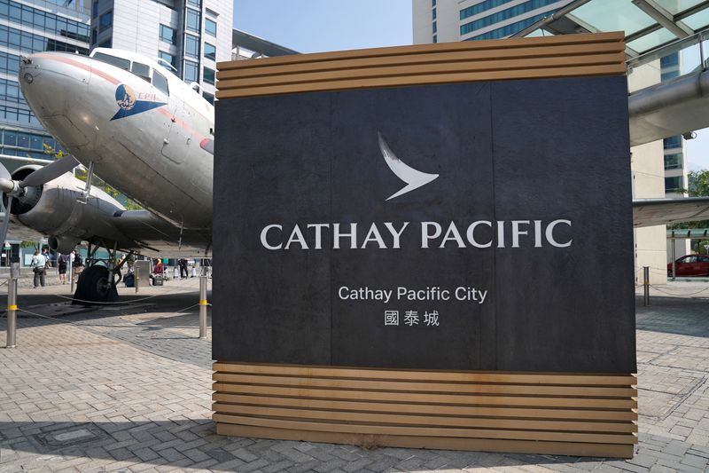 FILE PHOTO: Sign of Cathay Pacific is seen at its