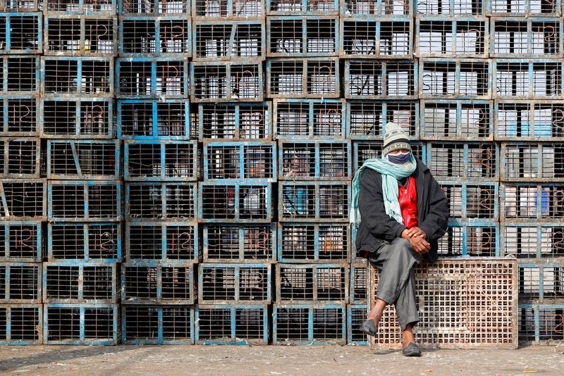 A worker sits next to empty chicken cages at a