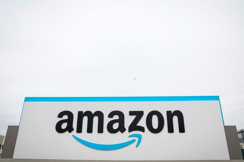 Amazon logo is displayed outside LDJ5 sortation center in New