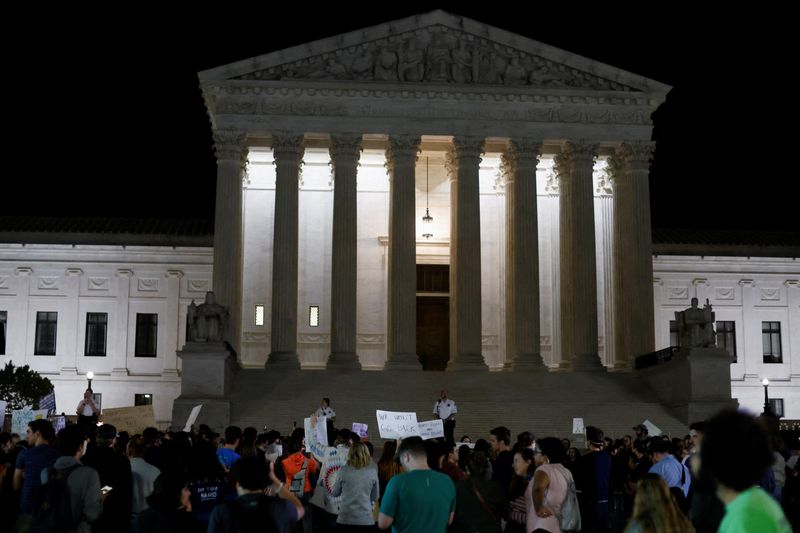 Protestors react outside the U.S. Supreme Court after the leak