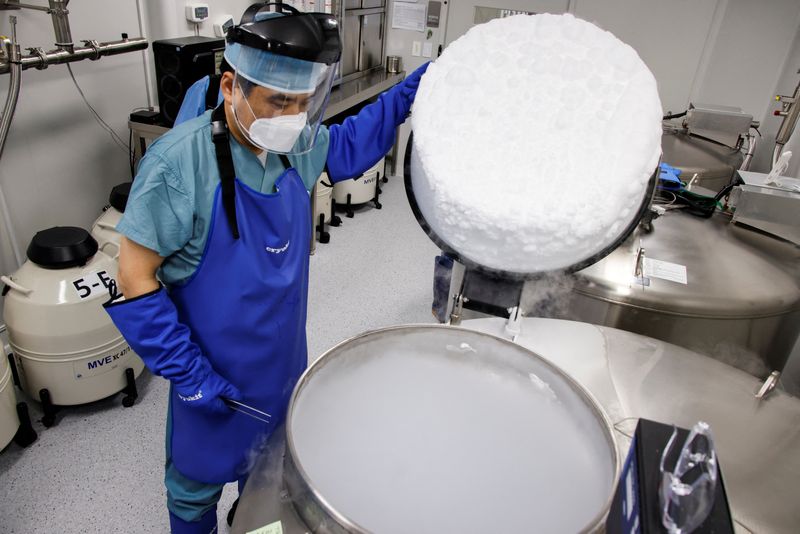 An employee checks a bio tank that freezes eggs in