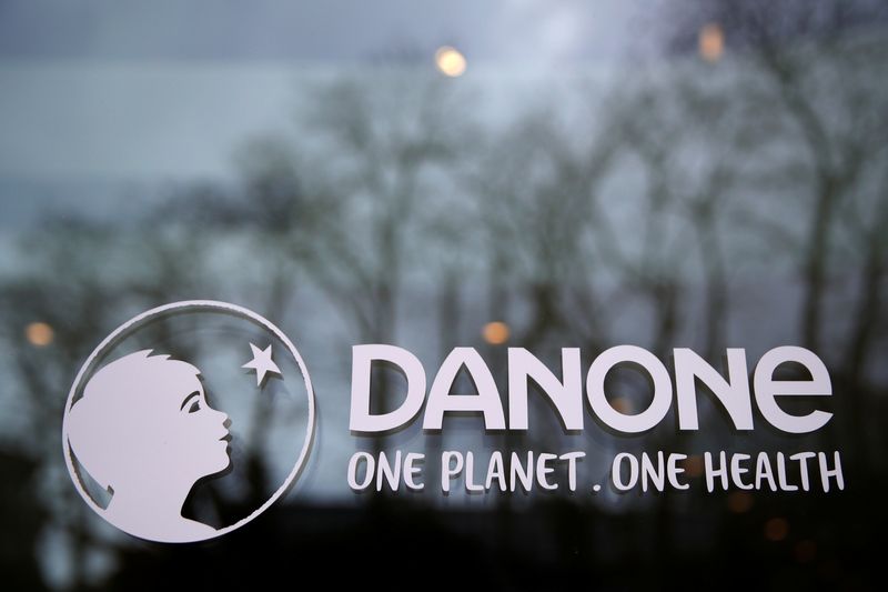 FILE PHOTO: Logo of French food group Danone at the