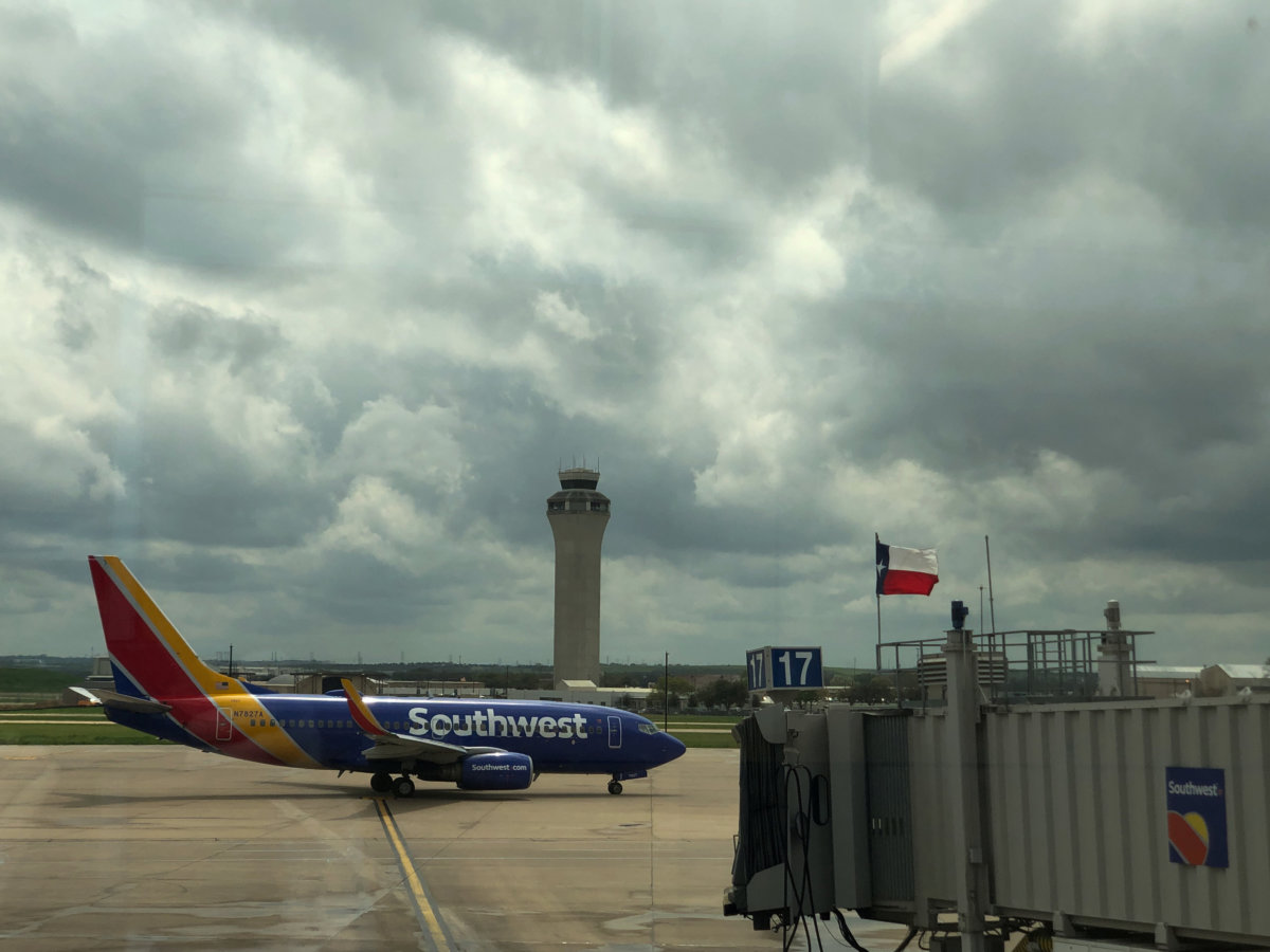 A Southwest airplane sits on the tarmac in Austin