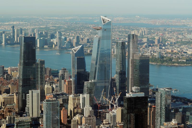 The buildings of Hudson Yards rise above lower Manhattan as