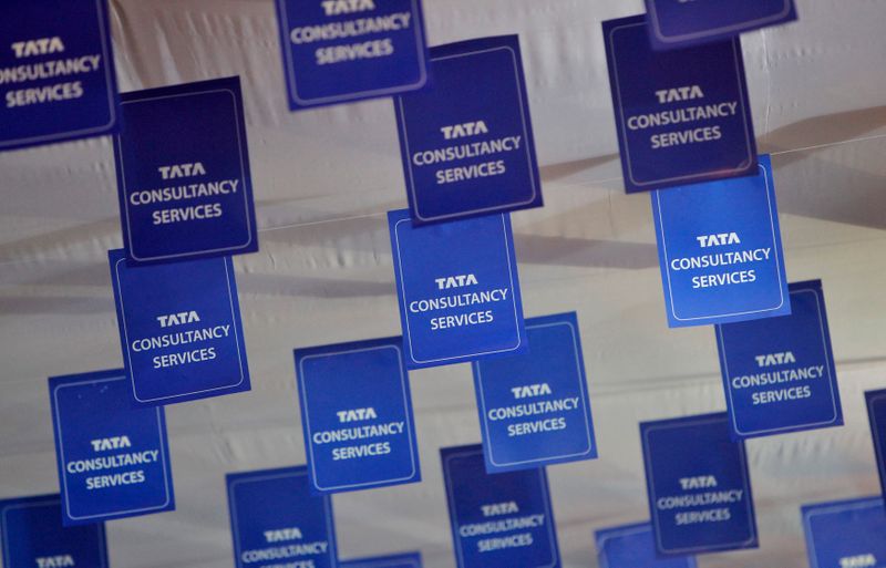 FILE PHOTO: Logos of TCS are displayed at the venue