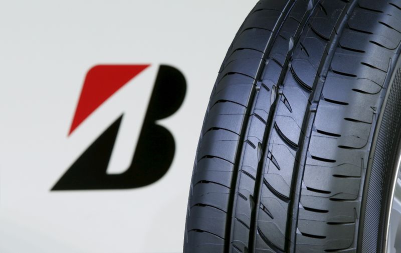 The logo of Bridgestone Corp is seen next to its