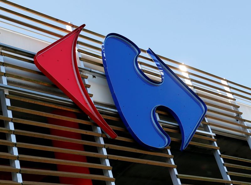 A Carrefour logo is seen on a Carrefour Hypermarket store