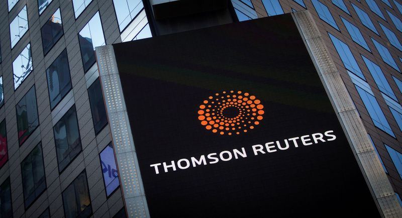 The Thomson Reuters logo on building in Times Square, New