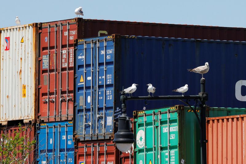 Sea gulls sit on a lamppost beside shipping containers stacked