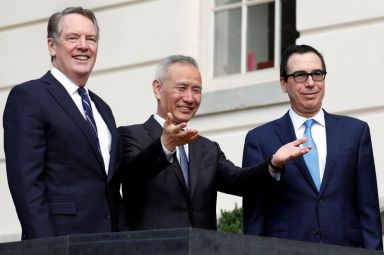 U.S. Treasury Secretary Steve Mnuchin greets China’s Vice Premier Liu