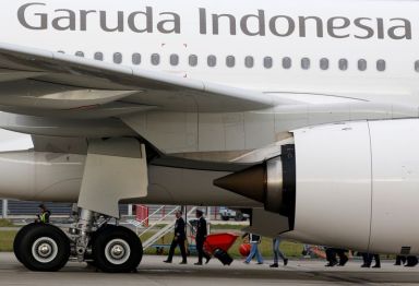 The logo of Garuda Indonesia is pictured on an Airbus