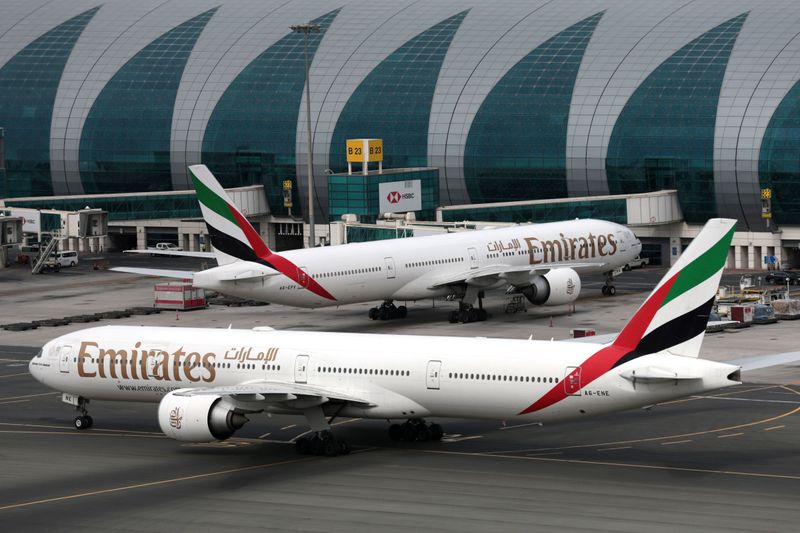 Emirates Airline Boeing 777 planes at are seen Dubai International