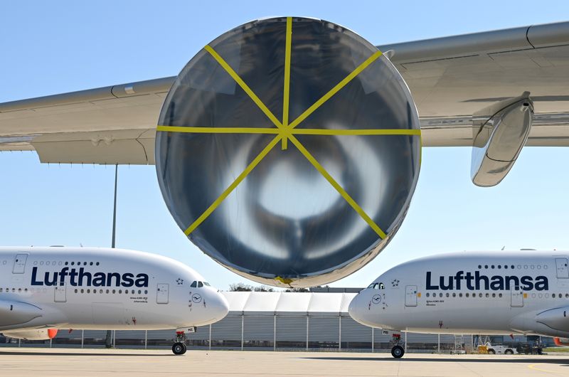 FILE PHOTO: Two Lufthansa airbus A380-800 are parked in Frankfurt
