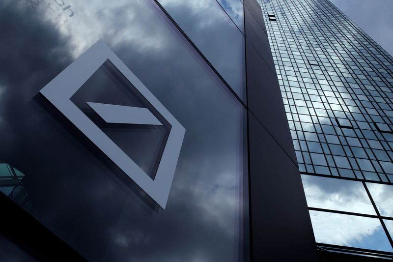 A Deutsche Bank logo adorns a wall at the company’s