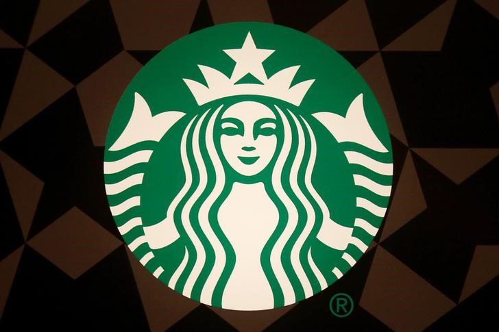 A Starbucks logo is pictured on the door of the