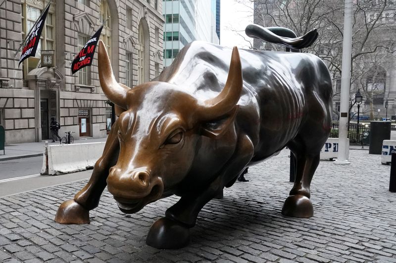 The Charging Bull or Wall Street Bull is pictured in