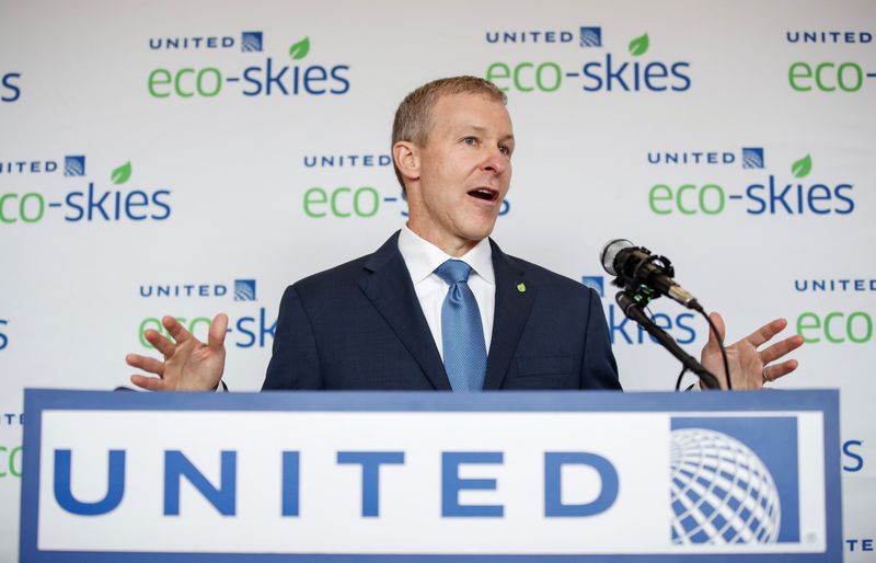 United Airlines president Scott Kirby speaks at O’Hare International Airport
