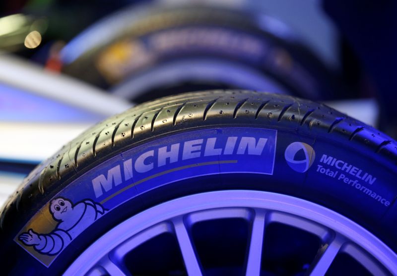 The logo of French tyre maker Michelin is seen on