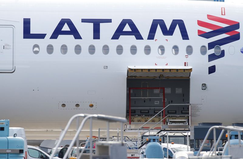 The logo of LATAM Airlines is pictured on an Airbus