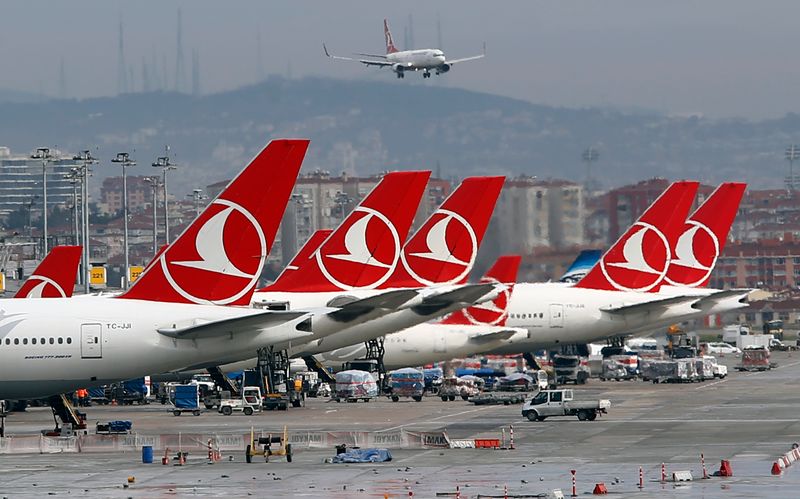 Turkish Airlines aircrafts are parked at Ataturk International Airport in